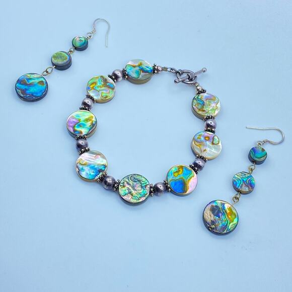 Sterling Silver Mother of Pearl Abalone Bracelet Earrings Jewelry Set - Picture 1 of 10